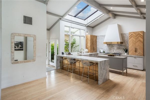 Glass Ceilings, Interior, Kitchen, Recessed Lighting, Stainless Steel Appliances, Wooden Beams, Wood Texture Flooring