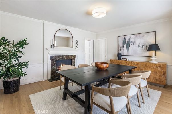 Dining room, Fireplace, Interior, Wood Texture Flooring