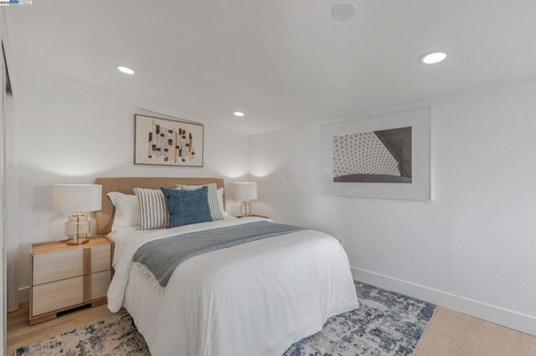 Bedroom, Interior, Recessed Lighting, Wood Texture Flooring
