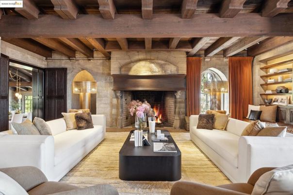 Dining room, Fireplace, Interior, Living room, Stone Walls, Wooden Beams, Wooden Ceilings, Wood Texture Flooring