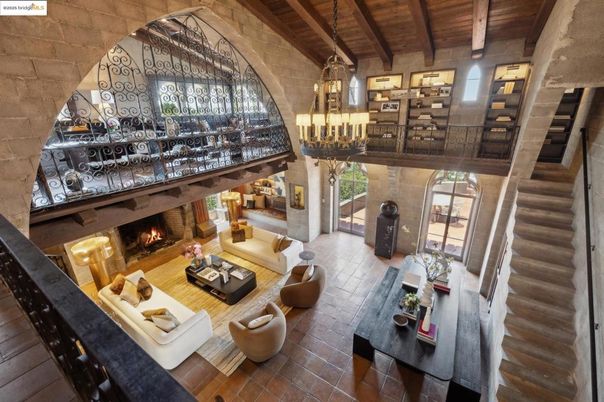 Chandelier, Fireplace, Interior, Living room, Pendant Lights, Stone Walls, Wooden Beams, Wooden Ceilings