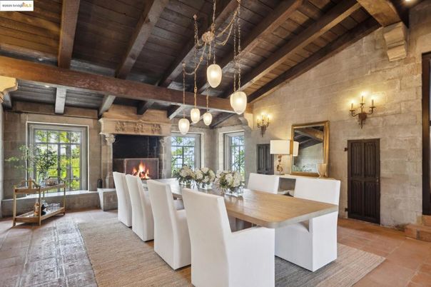Dining room, Fireplace, Interior, Living room, Pendant Lights, Stone Walls, Wooden Beams, Wooden Ceilings