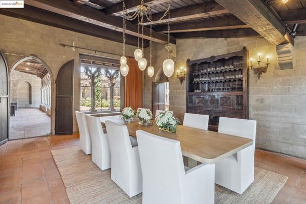 Dining room, Interior, Pendant Lights, Stone Walls, Wooden Beams