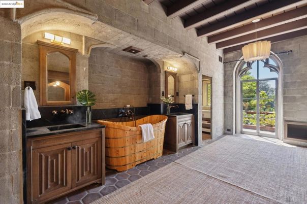 Bathroom, Interior, Pendant Lights, Stone Walls, Wooden Beams