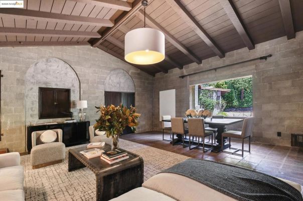 Dining room, Interior, Living room, Pendant Lights, Stone Walls, Wooden Beams, Wooden Ceilings, Wood Texture Flooring