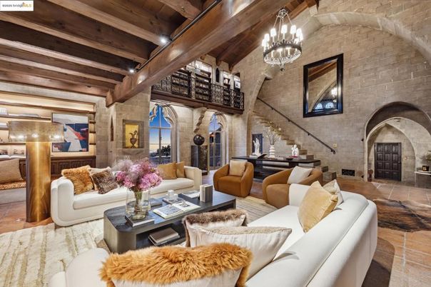 Chandelier, Fireplace, Interior, Living room, Recessed Lighting, Stone Walls, Wooden Beams, Wooden Ceilings