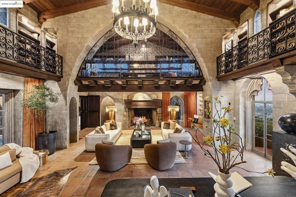 Chandelier, Fireplace, Interior, Living room, Stone Walls, Wooden Beams, Wooden Ceilings