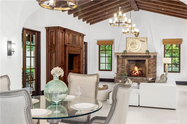 Chandelier, Fireplace, Interior, Living room, Wooden Beams