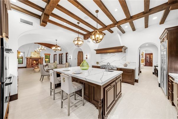 Chandelier, Dining room, Fireplace, Interior, Kitchen, Pendant Lights, Recessed Lighting, Wooden Beams