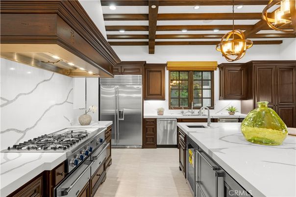 Interior, Kitchen, Pendant Lights, Recessed Lighting, Stainless Steel Appliances, Wooden Beams