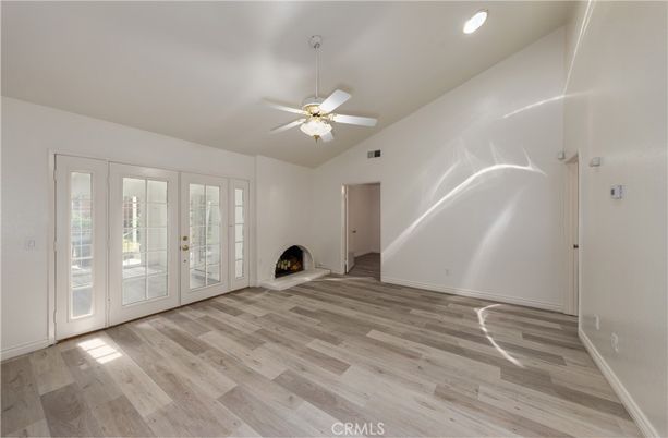 Empty room, Fireplace, Interior, Recessed Lighting, Wood Texture Flooring