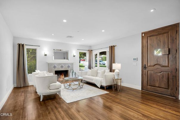 Fireplace, Interior, Living room, Recessed Lighting, Wood Texture Flooring