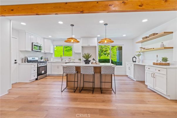 Interior, Kitchen, Pendant Lights, Recessed Lighting, Stainless Steel Appliances, Wooden Beams, Wood Texture Flooring