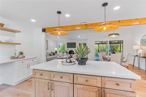 Dining room, Interior, Kitchen, Living room, Pendant Lights, Recessed Lighting, Wooden Beams, Wood Texture Flooring