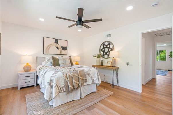 Bedroom, Interior, Recessed Lighting, Wood Texture Flooring