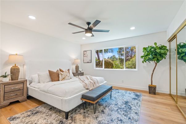 Bedroom, Interior, Recessed Lighting, Wood Texture Flooring
