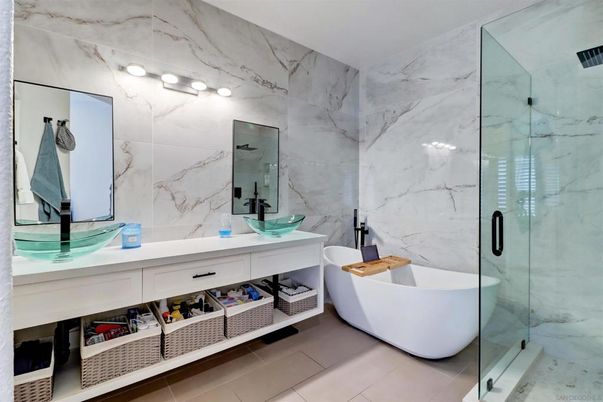 Bathroom, Dual Sink Vanities, Free Standing Baths, Glass Shower, Interior, Marble Walls