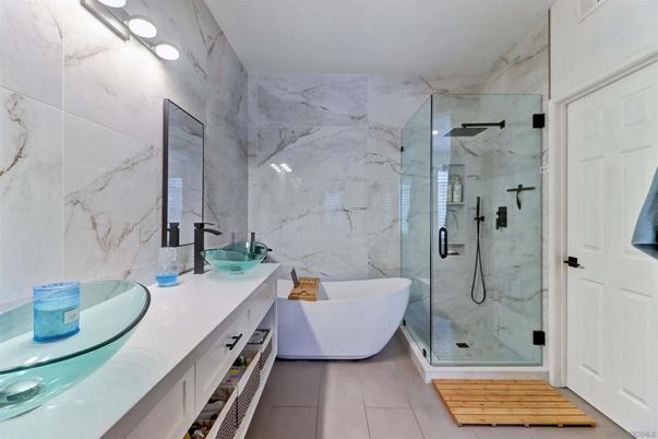 Bathroom, Dual Sink Vanities, Free Standing Baths, Glass Shower, Interior, Marble Walls