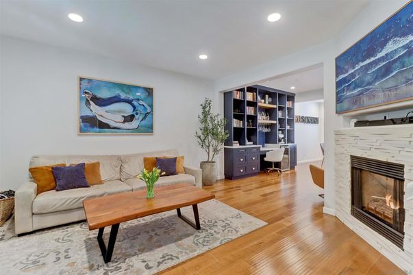 Fireplace, Home Office, Interior, Living room, Recessed Lighting, Wood Texture Flooring