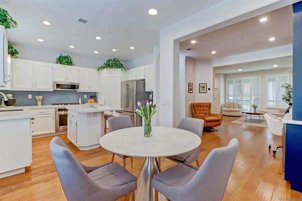 Dining room, Interior, Kitchen, Living room, Recessed Lighting, Stainless Steel Appliances, Wood Texture Flooring
