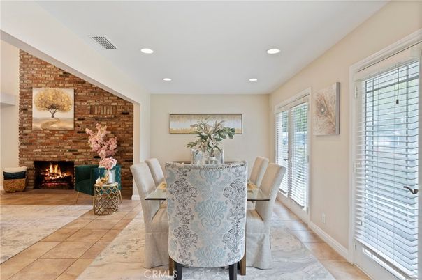 Dining room, Fireplace, Interior, Recessed Lighting, Stone Walls