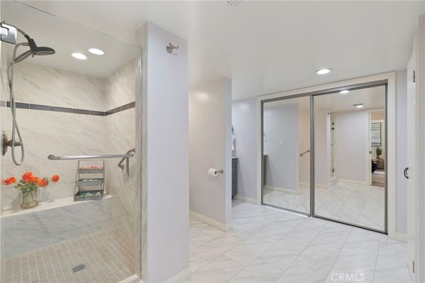Bathroom, Glass Shower, Interior, Marble, Marble Walls, Recessed Lighting
