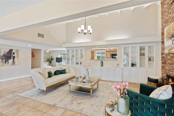 Fireplace, Interior, Living room, Pendant Lights, Recessed Lighting, Stone Walls