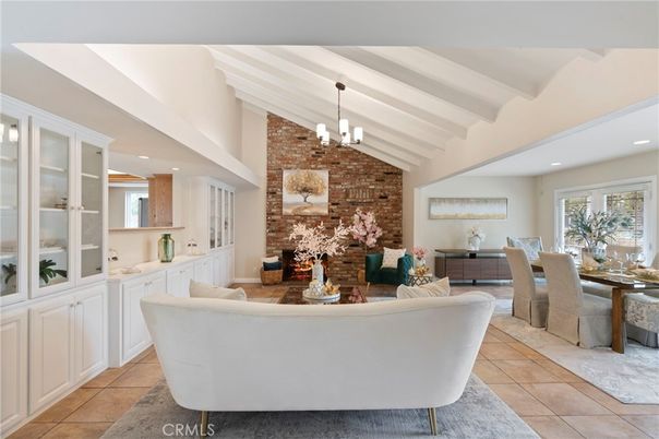 Chandelier, Dining room, Fireplace, Interior, Living room, Recessed Lighting, Stone Walls