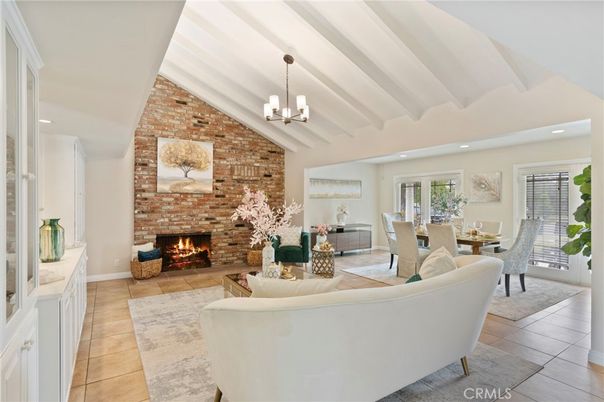 Chandelier, Dining room, Fireplace, Interior, Living room, Recessed Lighting, Stone Walls