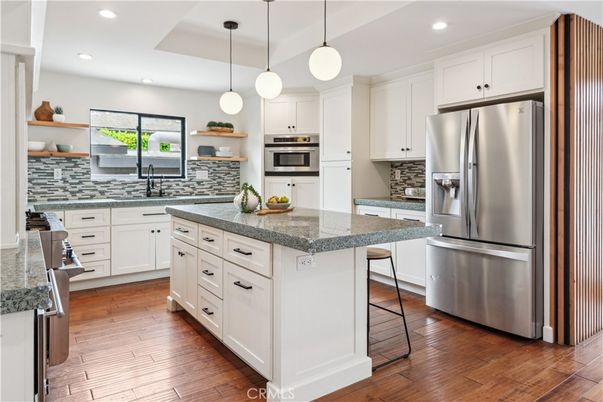 Interior, Kitchen, Pendant Lights, Recessed Lighting, Stainless Steel Appliances, Wood Texture Flooring