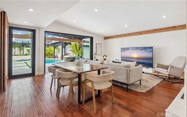 Dining room, Interior, Living room, Recessed Lighting, Water, Wooden Beams, Wood Texture Flooring