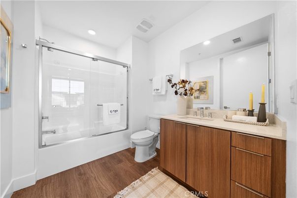 Bathroom, Glass Shower, Interior, Recessed Lighting, Wood Texture Flooring