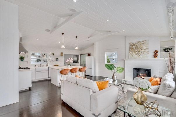Dining room, Fireplace, Interior, Kitchen, Living room, Pendant Lights, Recessed Lighting, Wood Texture Flooring