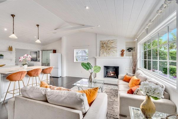 Dining room, Fireplace, Interior, Living room, Pendant Lights, Recessed Lighting, Wood Texture Flooring