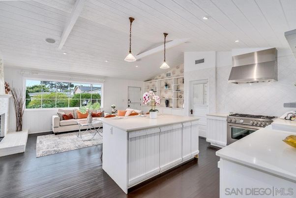 Fireplace, Interior, Kitchen, Living room, Pendant Lights, Recessed Lighting, Stainless Steel Appliances, Wood Texture Flooring