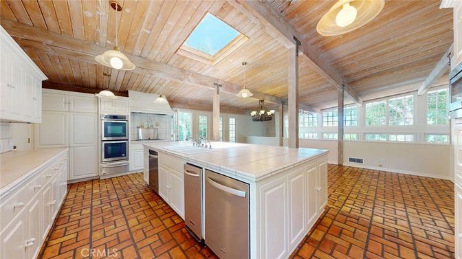 Chandelier, Interior, Kitchen, Stainless Steel Appliances, Tile Countertops, Wooden Ceilings