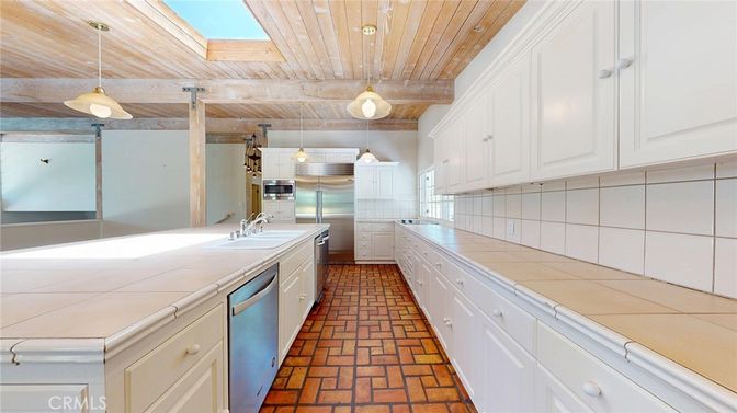 Interior, Kitchen, Pendant Lights, Stainless Steel Appliances, Tile Countertops, Wooden Ceilings