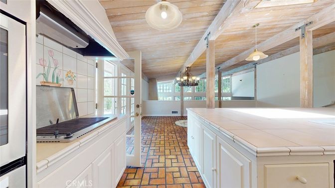 Chandelier, Interior, Kitchen, Pendant Lights, Tile Countertops, Wooden Ceilings