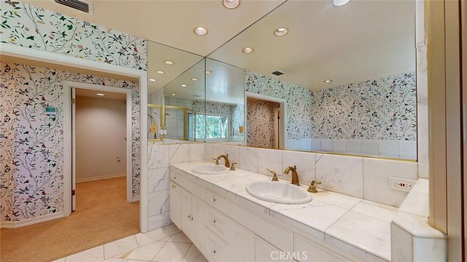 Bathroom, Dual Sink Vanities, Glass Shower, Interior, Recessed Lighting, Tile Countertops