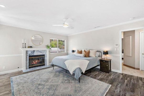 Bedroom, Fireplace, Interior, Recessed Lighting, Wood Texture Flooring
