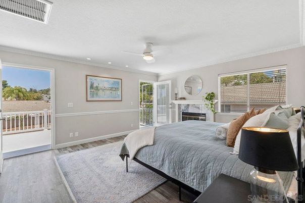 Bedroom, Fireplace, Interior, Recessed Lighting, Wood Texture Flooring