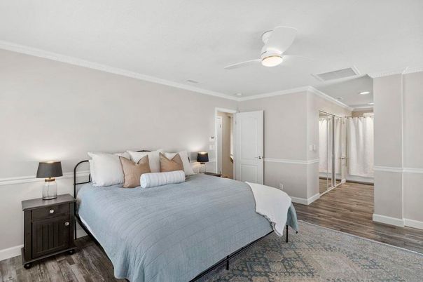 Bedroom, Interior, Recessed Lighting, Wood Texture Flooring