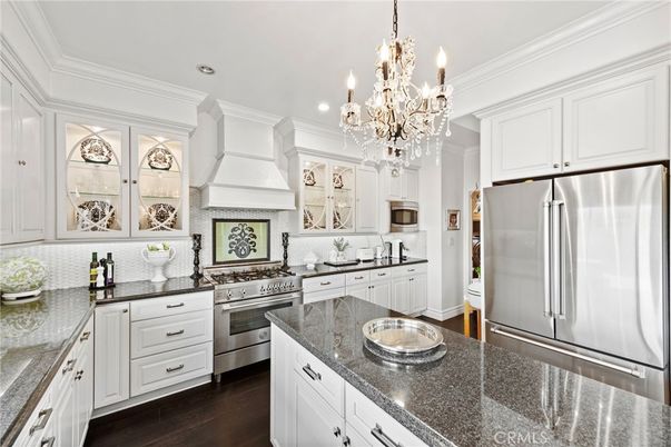 Chandelier, Interior, Kitchen, Recessed Lighting, Stainless Steel Appliances, Wood Texture Flooring