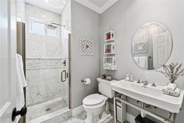 Bathroom, Glass Shower, Interior, Marble, Marble Walls, Recessed Lighting