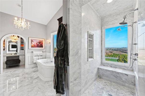 Bathroom, Chandelier, Free Standing Baths, Interior, Marble, Marble Walls