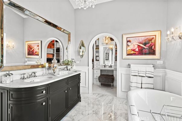 Bathroom, Chandelier, Dual Sink Vanities, Interior, Marble