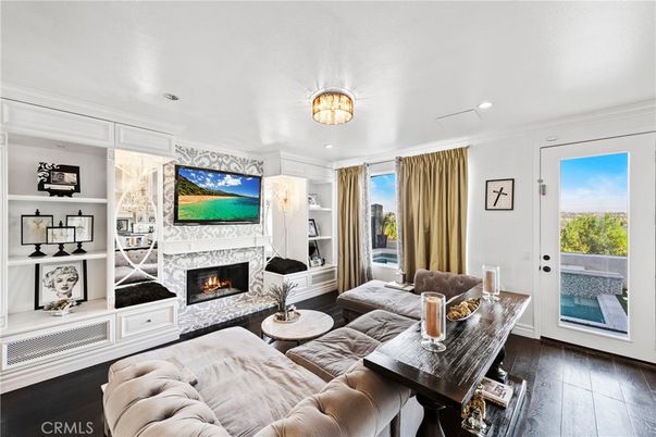 Fireplace, Interior, Living room, Recessed Lighting, Wood Texture Flooring