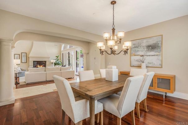 Chandelier, Dining room, Fireplace, Interior, Living room, Wood Texture Flooring