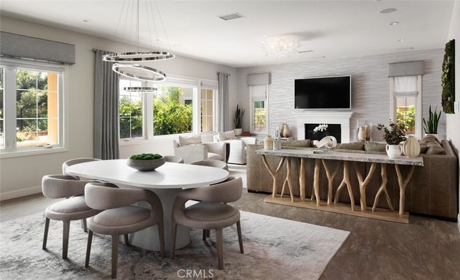 Dining room, Fireplace, Interior, Living room, Pendant Lights, Recessed Lighting, Wood Texture Flooring