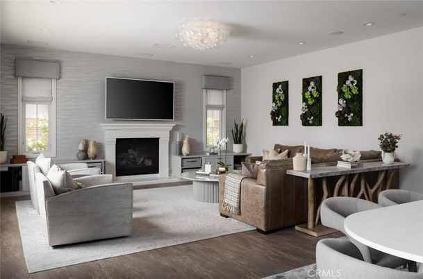 Chandelier, Fireplace, Interior, Living room, Recessed Lighting, Wood Texture Flooring